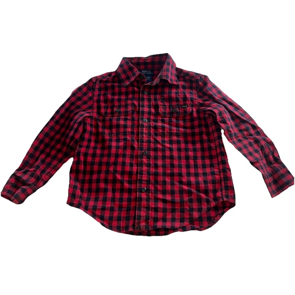 Polo Ralph Lauren Red Blue plaid long sleeve button up dress shirt sz 3T Cute
